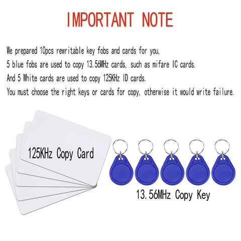Image of Dual Frequency Access Card Copier And RFID Writer Reader 125KHz 13.56MHz with blue key fobs and white cards.