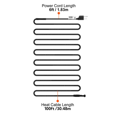 Self Regulating Pipe Heating Cable 100 Feet 5W Per Foot Heat Tape For Pipes Roof Snow Melting To Beat The Winter And Deicing Gutter Freeze Protection 120V Keeps Water Flowing Prevents Ice Dams And Roof Damage showing cable layout and power cord.