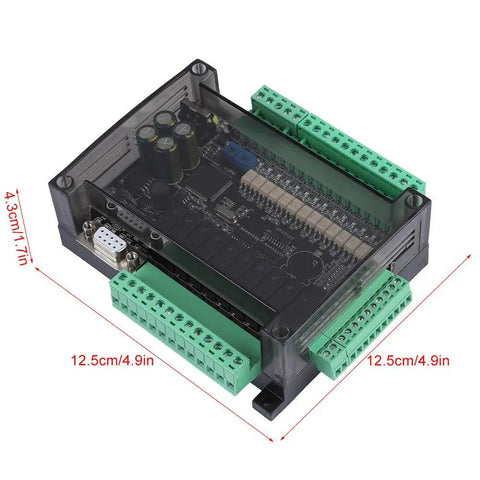 Pro Grade 24V DC PLC Controller Kit with cable for industrial automation, shown with green terminal blocks, 12.5cm x 4.3cm dimensions.