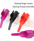Sewing Finger Guards Pack Of 3 Soft Breathable Finger Sleeves in purple, black, and red on display for crafting use
