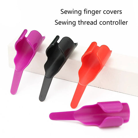 Sewing Finger Guards Pack Of 3 Soft Breathable Finger Sleeves in purple, black, and red on display for crafting use