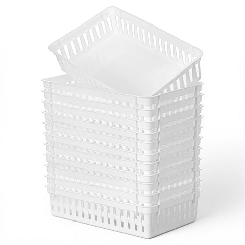 Stacked 12 Pack Plastic Organizer Baskets White Storage Bins Trays For Desk Home Office Shelves And Craft Room Organization Easy Grab Mess Free Neat And Tidy Large Capacity Stackable Ventilated Mesh.