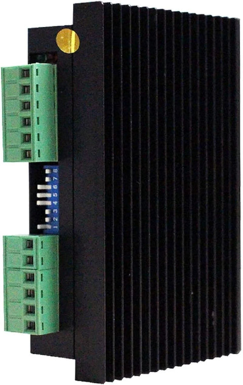 DM542 CNC digital microstep driver module; black heatsink, dual green terminal blocks, side view