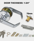 Heavy Duty Storeroom Door Lock Handle With Two And Three Quarter Backset UL 3 Hour Fire Rated ADA Compliant Satin Chrome Finish Non Handed Lever Grade 2 Commercial Lock Outside Fixed Lever Keyed Entry Inside Emergency Exit Lever set with components, 70mm latch, and keys displayed.