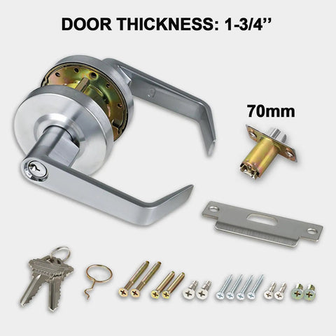 Heavy Duty Storeroom Door Lock Handle With Two And Three Quarter Backset UL 3 Hour Fire Rated ADA Compliant Satin Chrome Finish Non Handed Lever Grade 2 Commercial Lock Outside Fixed Lever Keyed Entry Inside Emergency Exit Lever set with components, 70mm latch, and keys displayed.