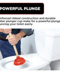 Heavy Duty 6 Inch Rubber Force Cup Plunger With A Trusty 18 Inch Wooden Handle To Blast Away Pesky Blockages In Kitchen Sinks Bath Tubs And Floor Drains Hassle Free, in use on toilet.