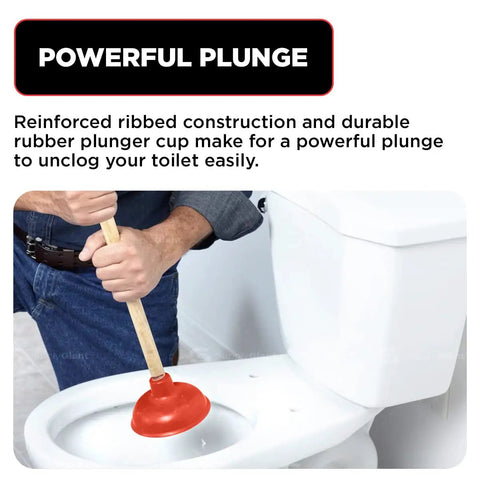 Heavy Duty 6 Inch Rubber Force Cup Plunger With A Trusty 18 Inch Wooden Handle To Blast Away Pesky Blockages In Kitchen Sinks Bath Tubs And Floor Drains Hassle Free, in use on toilet.
