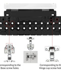 Black ABS cabinet shelf pin jig with quarter inch drill guides for straight holes and drilling template, shown with hinge hardware.