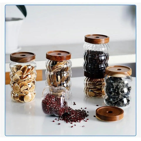 Premium Textured Glass Tea Canisters For Loose Leaf Coffee Beans And Pantry Essentials on countertop, 350ml, airtight, vintage style.