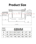 Technical diagram of Square Taper Bike Bottom Bracket 68mm Shell 118mm Upgrade For Road And Mountain Bikes, with dimensions.