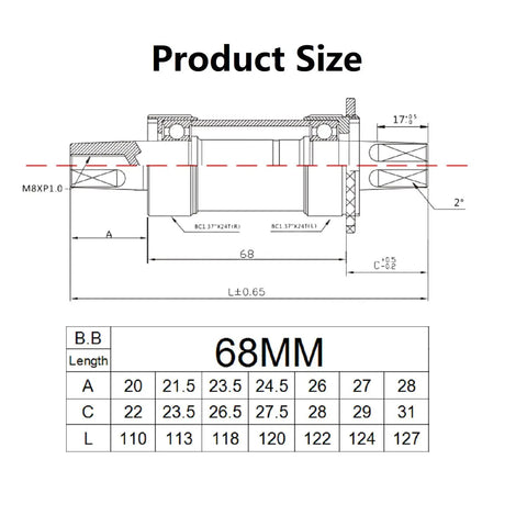 Technical diagram of Square Taper Bike Bottom Bracket 68mm Shell 118mm Upgrade For Road And Mountain Bikes, with dimensions.