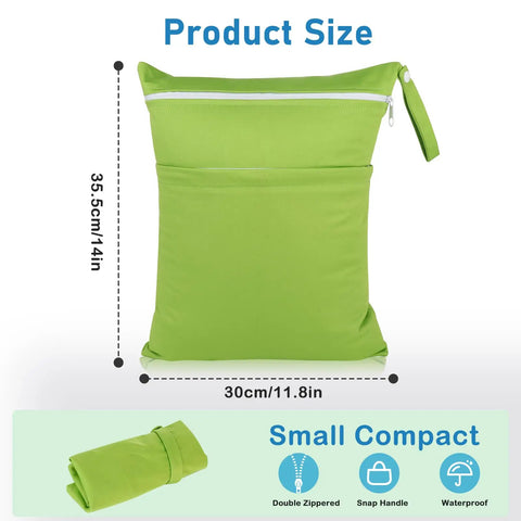 Green Cloth Diaper Wet And Dry Bags 2 Pack With Dual Zippered Pockets 30 cm x 36 cm Waterproof Reusable Organizer