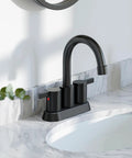 Matte Black 4 Inch Centerset Two Handle Bathroom Faucet With 360 Degree Swivel Spout For Two Or Three Hole Vanities No Fuss Lead Free Modern RV Ready Vanity Sink Faucet With Pop Up Drain And Water Supply Lines
