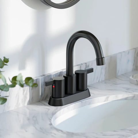 Matte Black 4 Inch Centerset Two Handle Bathroom Faucet With 360 Degree Swivel Spout For Two Or Three Hole Vanities No Fuss Lead Free Modern RV Ready Vanity Sink Faucet With Pop Up Drain And Water Supply Lines