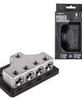 Heavy Duty Car Audio Power Distribution Block With Rock Solid Zinc Alloy Build, 1 Or 4 Gauge Input And Four Outputs With Reducers, Premium Block Cover For Safe Install And Peak Conductivity shown with packaging