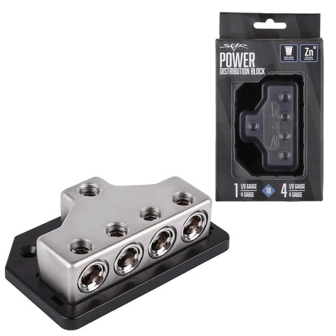 Heavy Duty Car Audio Power Distribution Block With Rock Solid Zinc Alloy Build, 1 Or 4 Gauge Input And Four Outputs With Reducers, Premium Block Cover For Safe Install And Peak Conductivity shown with packaging