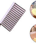 Front view of stainless steel crinkle potato cutter with black handle; insets show crinkle-cut fries and potatoes.
