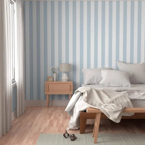 Top Tier Traditional Wallpaper With A Smooth Matte Linen Texture Pvc Free Paste To Paper Design in a serene blue striped bedroom.