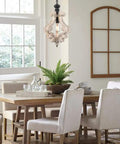 Distressed Off White Wood Pendant Light With Dope Farmhouse Vibe Adjustable 47 Inch Chain ETL Listed for dining room table