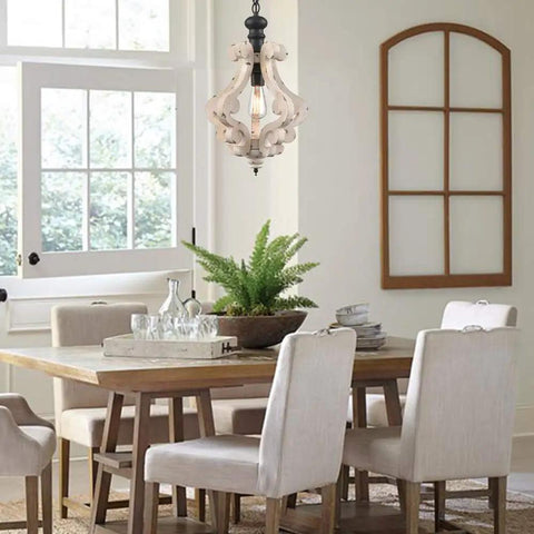Distressed Off White Wood Pendant Light With Dope Farmhouse Vibe Adjustable 47 Inch Chain ETL Listed for dining room table