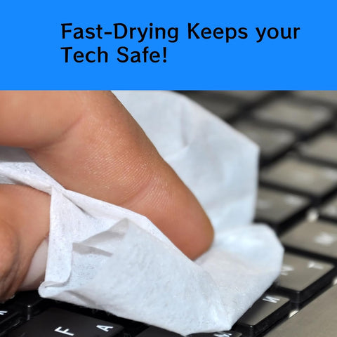 Hand using alcohol-free cleaning wipe on keyboard, product type: Alcohol Free Cleaning Wipes For Hearing Aids And Tech, 100 Count Individually Wrapped, Fast Drying, Gentle And Non Abrasive, Safe For Earbuds And Electronics, Ideal For Daily Cleaning