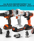Matrix Sander Attachment For Multi Tool Compact Design For Tight Spaces Finish Sanding Rust Removal Dry Scrubbing Polishing And Detail Sanding With Quick Change Hook And Loop Paper System For BDEDMT And BDCDMT112 next to drills and attachments