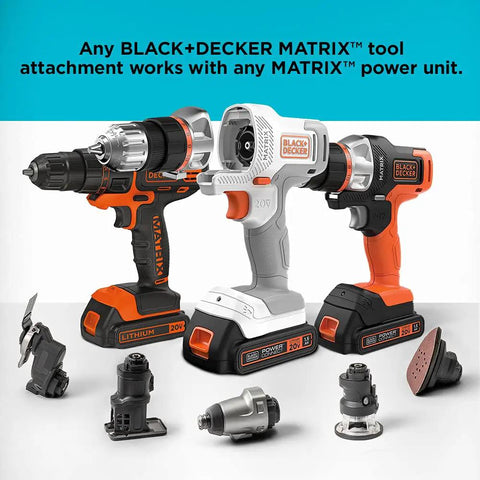 Matrix Sander Attachment For Multi Tool Compact Design For Tight Spaces Finish Sanding Rust Removal Dry Scrubbing Polishing And Detail Sanding With Quick Change Hook And Loop Paper System For BDEDMT And BDCDMT112 next to drills and attachments