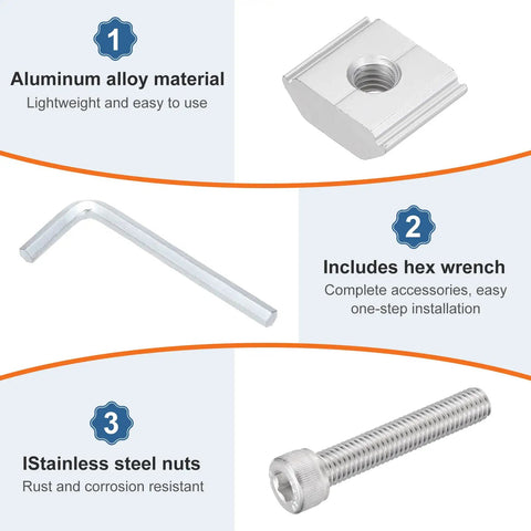 Aluminum Solar Panel Mounting Clamp Kit includes hex wrench, stainless steel nuts, and aluminum alloy material for ease of use.
