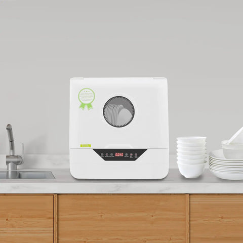 Slick Compact Countertop Dishwasher With Four Fast Wash Cycles And Chill Noise Level To Blast Dirty Dishes For Household Crews And Small Apartment Sets on kitchen counter.