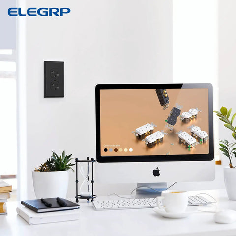 20 Amp 125V Duplex Receptacle With Tamper Resistant And Weather Resistant Design installed on white wall, glossy black finish