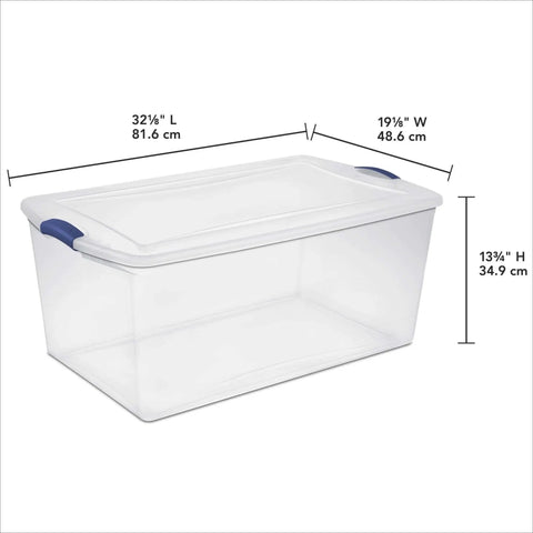 Badass 105 Quart Clear Plastic Storage Bin With Snug Blue Latching Lid Stackable Heavy Duty Box dimensions shown for storage solutions.