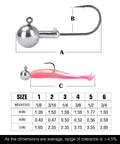 Image showing 25 Pack 3/16 Oz Barb Jig Head Hooks with sizes and weights, highlighting carbon steel material and fishing utility.