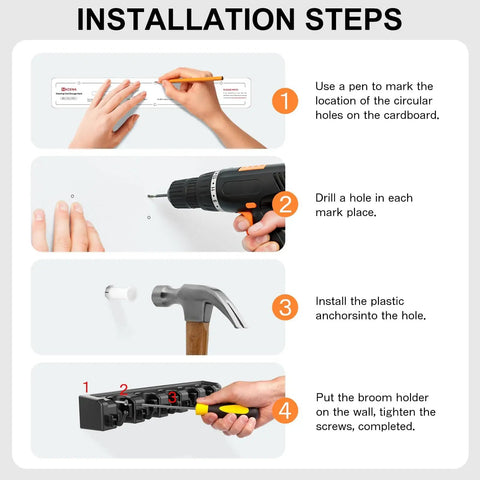 Installation guide for Broom And Mop Organizer Wall Mount 2 Pack With 5 Ball Slots And 6 Hooks Black Space Saver.