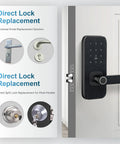 5 In 1 Keyless Entry Smart Lock With Handle For Bedroom And Front Door No Key Fumbles Fingerprint Passcode TTLock App RFID Card Or Mechanical Key Auto Lock Guest Codes Easy DIY Install For Home Office Airbnb installed on door with digital keypad and handle.