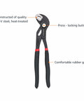Three Piece Quick Release Groove Joint Pliers Set With Adjustable Slip Joint Pliers; shown is a plier with rubber grips and steel body.