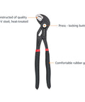 Heavy Duty Locking Pliers Set With CR-V Steel Three Piece Kit showing 10 inch pliers with rubber grip and locking button
