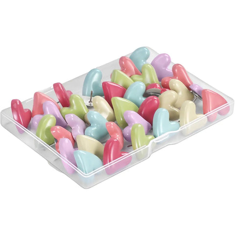 Thirty Piece Pack Of Rustproof Metal Veneered Heart Shaped Push Screws For Gallery Walls Decorative Picture Partitions in a clear box.