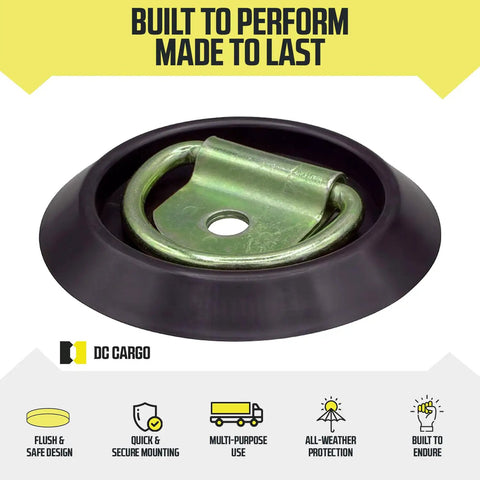 Heavy Duty Flush Mount D Rings 10 Pack Slick Flat Fit Rock Solid Galvanized Steel Trailer Cargo Tie Downs Pro Grade Surface Anchors Straight Up Secure 533 Lbs Working Limit For Trucks And Vans, close-up of flush mount design.