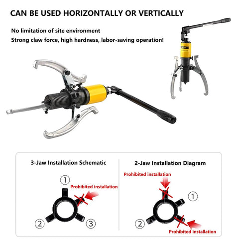 Go-To Hydraulic Gear Puller Kit With Quick-Lock Two Or Three Jaws showing 3-jaw and 2-jaw installation diagrams for use in the garage.