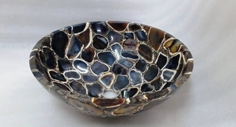 Straight Up Stunning Black Agate Vessel Sink Features 24 By 24 By 5.5 Inch Dimensions bowl with unique agate patterns.