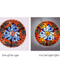 Dragonfly 3 Light Flush Mount Ceiling Light With Orange Stained Glass Shade 16 Inch Diameter, unlit and lit views