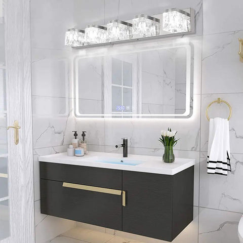 Five Light LED Modern Bathroom Vanity Fixture With Crystal Glass And Stainless Steel Over Mirror in sleek white bathroom setting