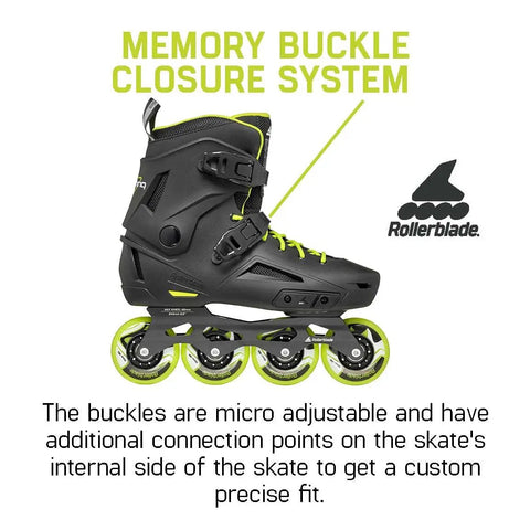 Lightning Men's Urban Inline Skates For City Cruising And Commuting And Fitness, Black Lime, showing memory buckle closure