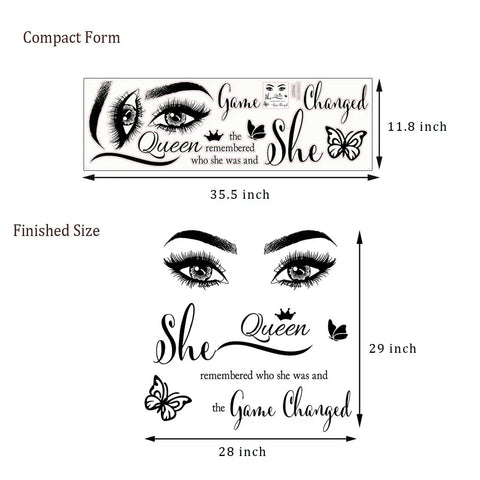 Motivational Eyelashes And Eyes Wall Decal With Crown And Butterflies For Women And Girls Inspirational Quote Wall Art For Bedroom And Living Room Boss Babe Vibe Positive Sticker, showing compact and finished size of vinyl decals with quotes, eyes, crown and butterflies.