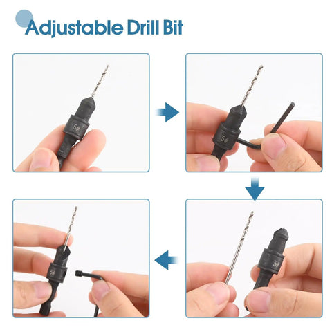 Adjusting a 5Pc Countersink And Counterbore Drill Bit Set for 5 to 12 screws, M2 pilot bits, one-quarter inch hex shank, 82-degree chamfer