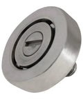 Close-up of Stainless Steel Flat Ball Bearing Roller with 29/32 inch outer diameter and 1/4-20 x 5/8 inch flat head screw stud
