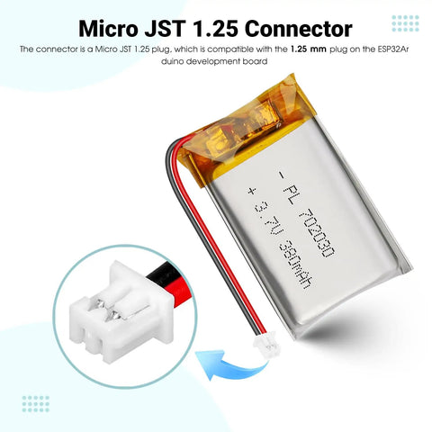 Pocket Friendly 3.7V 380mAh LiPo Battery Pack With PCM Protection Micro JST 1.25mm 2 Pin Connector for ESP32.