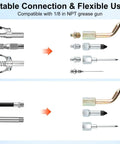 Eight Piece Grease Gun Tips Kit With Needle Nozzles Dispenser Lock And Lube Coupler Attachments Bearing Packer Elbow Adapters Zerk Fittings Cleaner For All One Eighth Inch NPT Small Spaces And Deep Holes shown in two sections highlighting connections.