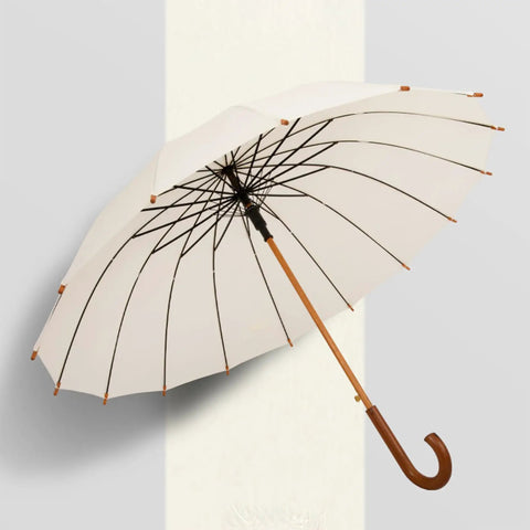 Wooden J Handle 40 Inch Golf Umbrella Windproof All Weather Auto Open 16 Rib Arc Vintage Cane Umbrella Classic Stick Wedding Cane White For Men And Women