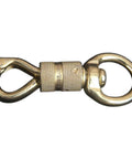 Solid brass panic snap with knurled center barrel; left end curved hook, right end large ring